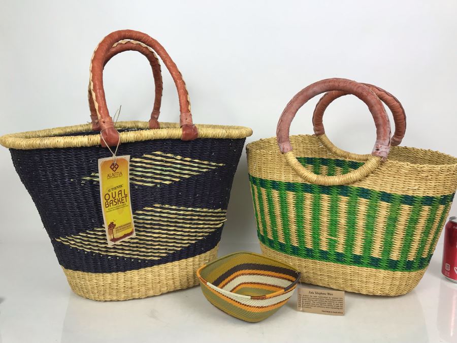 JUST ADDED - Pair Of Alaffia Handwoven African Grass Basket And Zulu Telephone Wire Woven South African Bowl