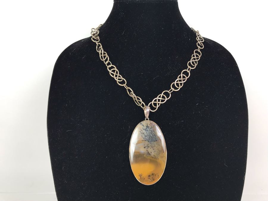 JUST ADDED - Sterling Silver Chain Stone Polished Stone Pendant 47g