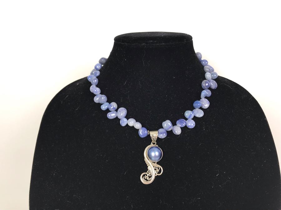 JUST ADDED - Blue Pearl Pendant, Sterling Silver And Polished Stone Necklace