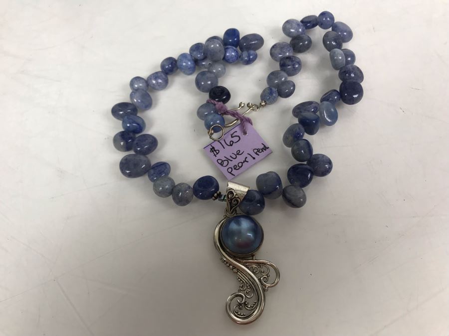 JUST ADDED - Blue Pearl Pendant, Sterling Silver And Polished Stone Necklace [Photo 11]