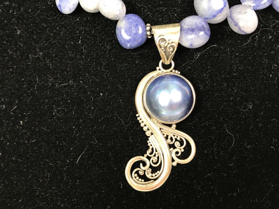JUST ADDED Blue Pearl Pendant, Sterling Silver And Polished Stone