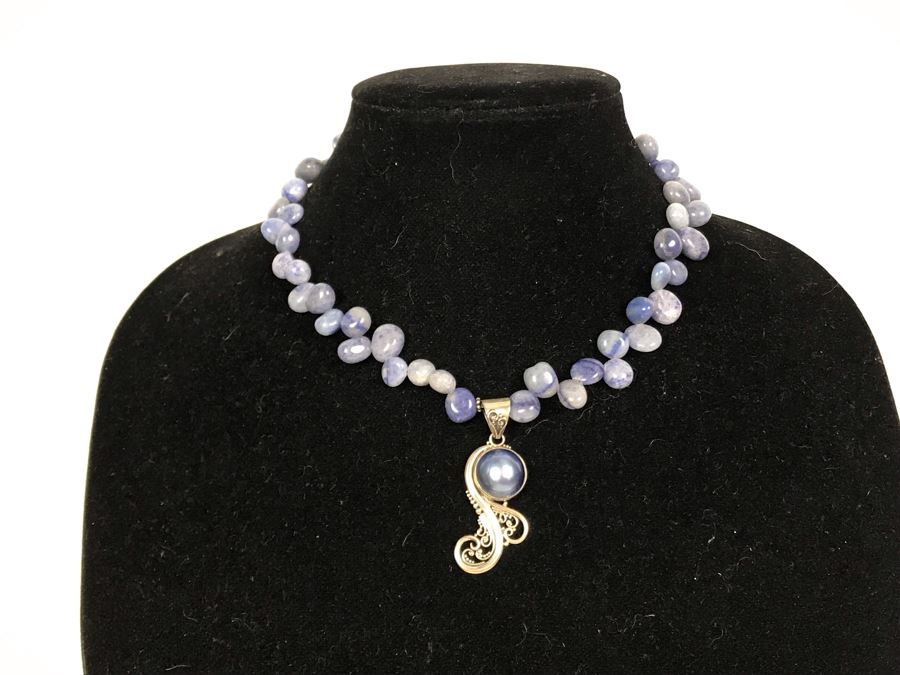 JUST ADDED - Blue Pearl Pendant, Sterling Silver And Polished Stone Necklace [Photo 3]