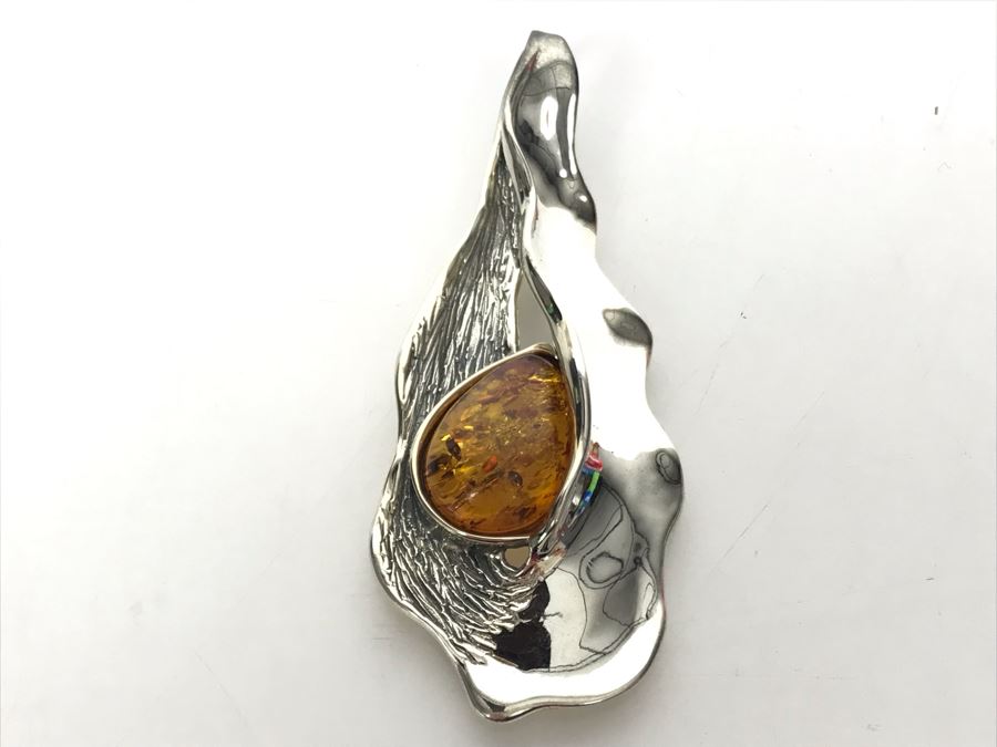 JUST ADDED - Sterling Silver And Amber Signed HG Israel Pendant 13g [Photo 2]