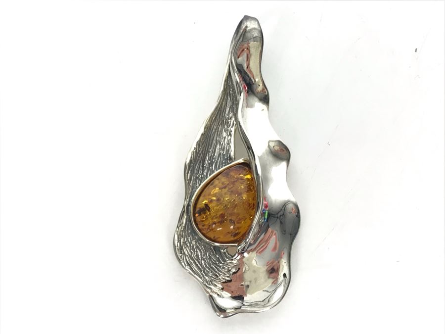 JUST ADDED - Sterling Silver And Amber Signed HG Israel Pendant 13g