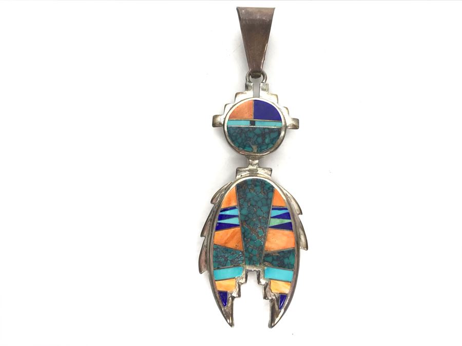JUST ADDED - Stunning Sterling Silver Navajo Calvin Begay Inlay Pendant [Photo 2]