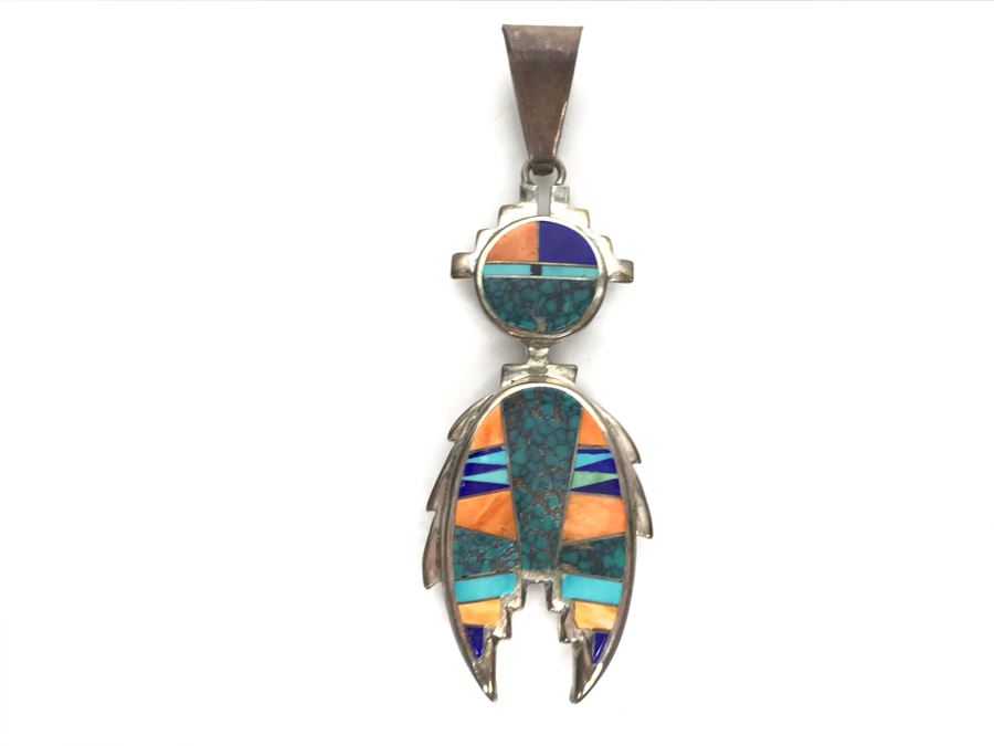 JUST ADDED - Stunning Sterling Silver Navajo Calvin Begay Inlay Pendant [Photo 1]