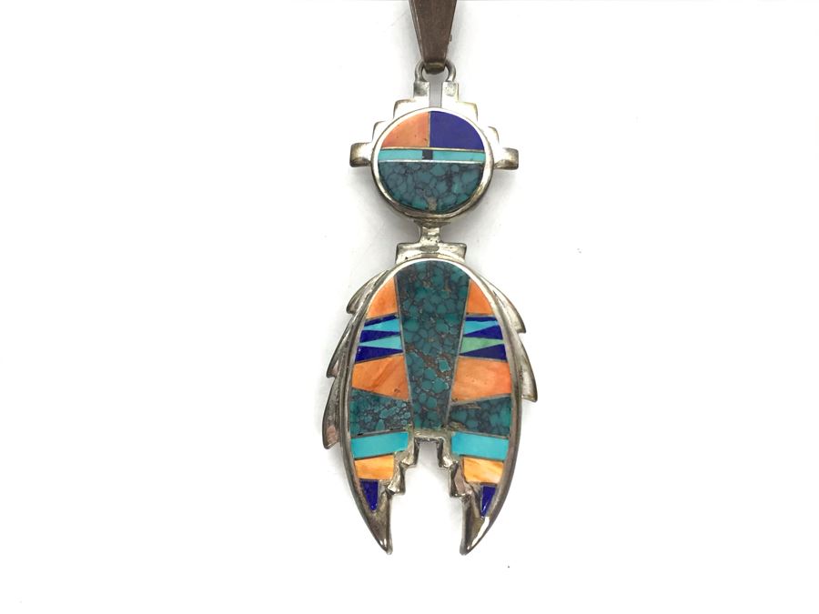 JUST ADDED - Stunning Sterling Silver Navajo Calvin Begay Inlay Pendant [Photo 3]