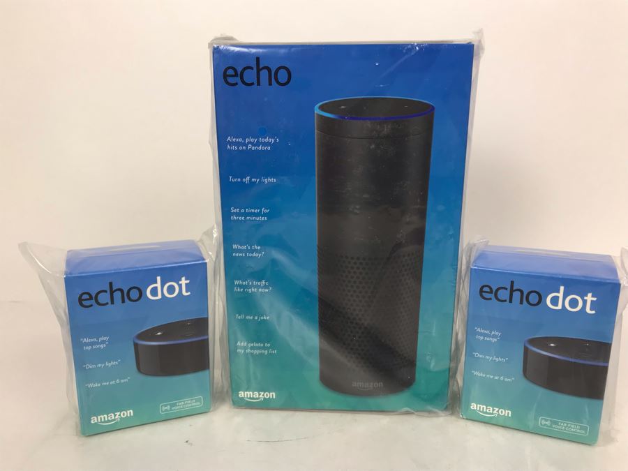 JUST ADDED - New Amazon Echo With (2) New Amazon Echo Dot