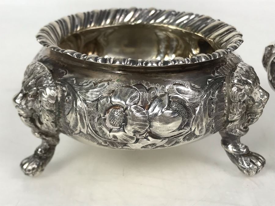 JUST ADDED - Pair Of Antique 1857 English Sterling Silver Lionhead Footed Sugar Mustard Bowls London England Robert Harper 279g [Photo 13]