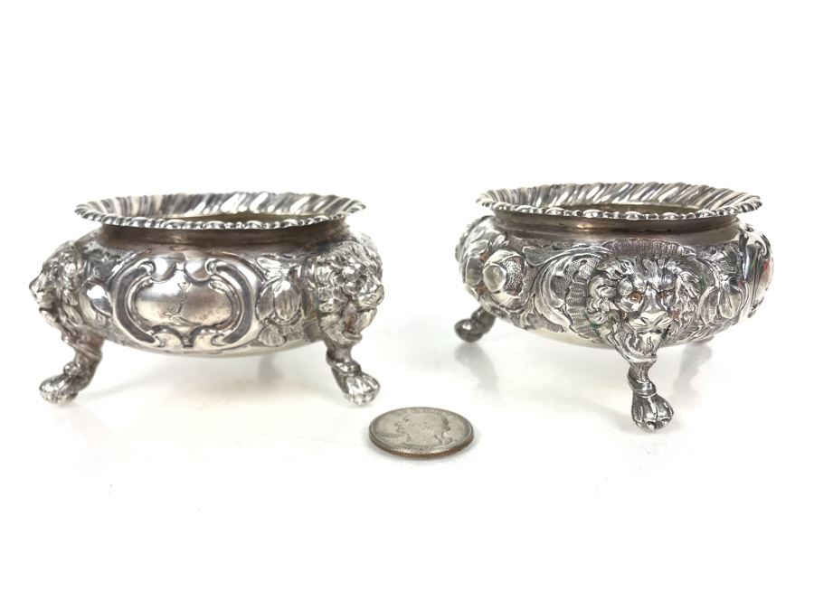JUST ADDED - Pair Of Antique 1857 English Sterling Silver Lionhead Footed Sugar Mustard Bowls London England Robert Harper 279g [Photo 4]