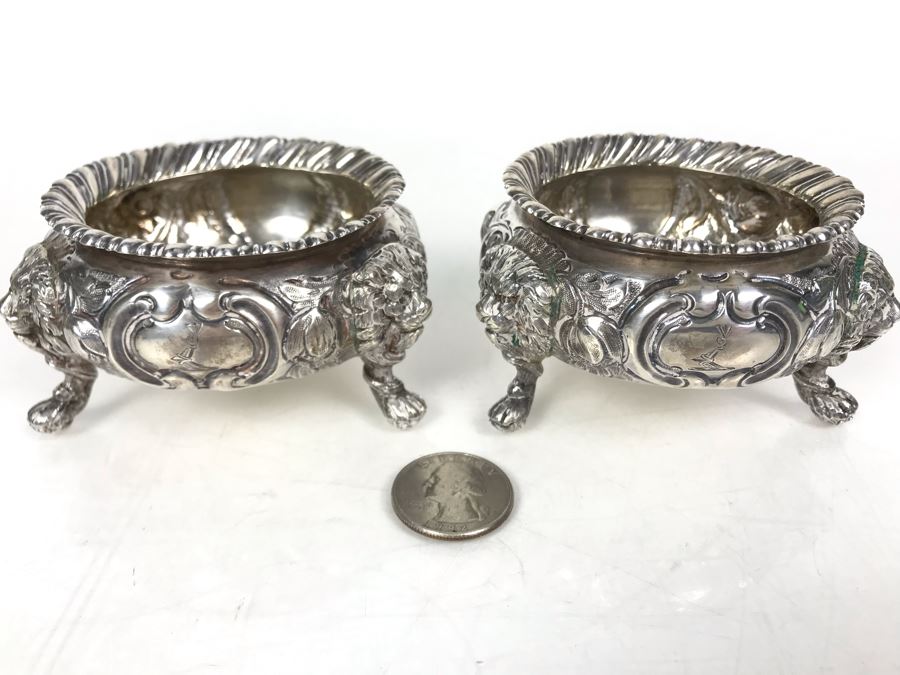 JUST ADDED - Pair Of Antique 1857 English Sterling Silver Lionhead Footed Sugar Mustard Bowls London England Robert Harper 279g [Photo 2]