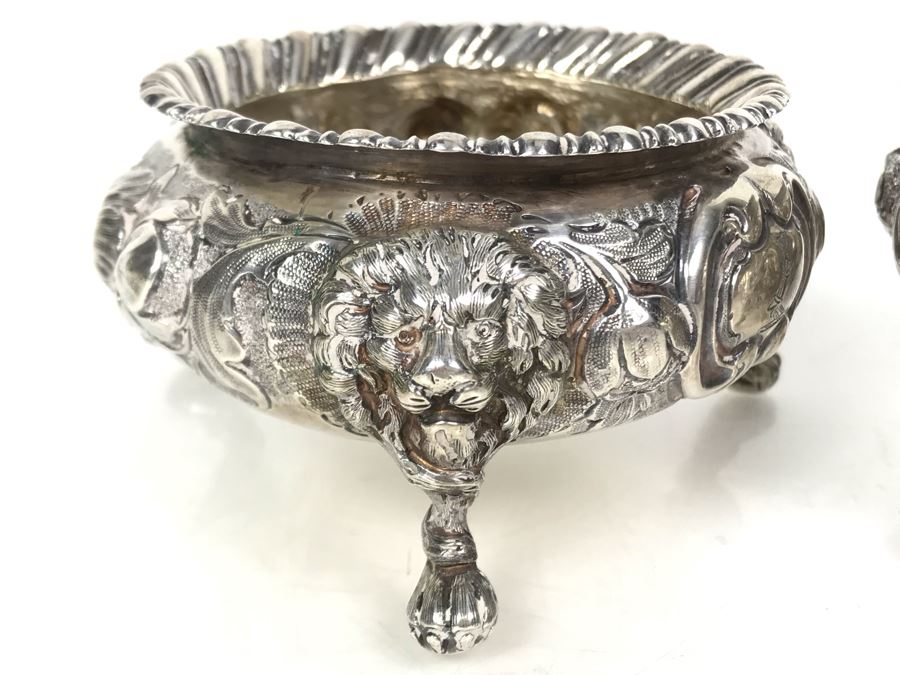 JUST ADDED - Pair Of Antique 1857 English Sterling Silver Lionhead Footed Sugar Mustard Bowls London England Robert Harper 279g [Photo 11]