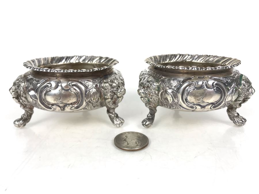 JUST ADDED - Pair Of Antique 1857 English Sterling Silver Lionhead Footed Sugar Mustard Bowls London England Robert Harper 279g