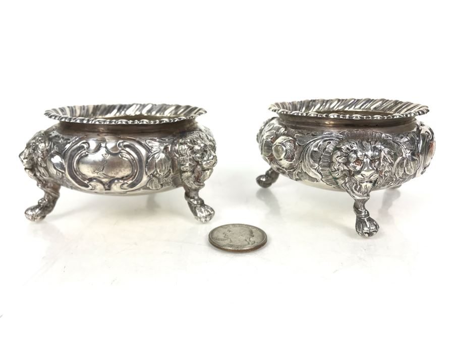 JUST ADDED - Pair Of Antique 1857 English Sterling Silver Lionhead Footed Sugar Mustard Bowls London England Robert Harper 279g [Photo 5]