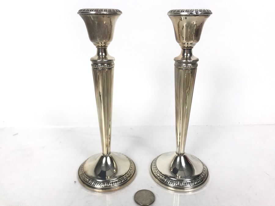 JUST ADDED - Pair Of Crown Weighted Sterling Silver Candlesticks Candle Holders 8H