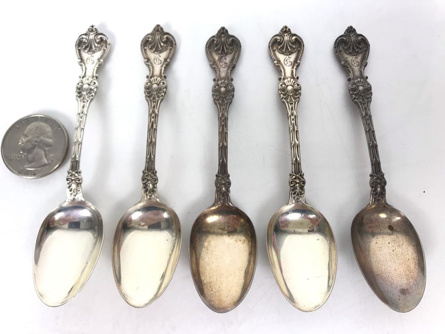 JUST ADDED - Set Of (5) Antique Sterling Silver Demitasse Spoons 40g