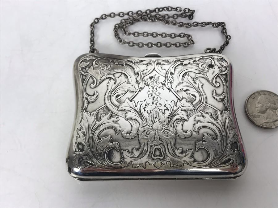 JUST ADDED - Vintage Chased Sterling Silver Wallet Compact With Chain 111g [Photo 3]