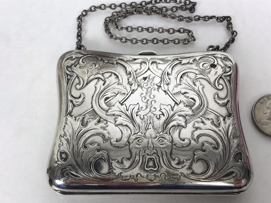 JUST ADDED - Vintage Chased Sterling Silver Wallet Compact With Chain 111g