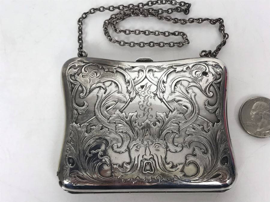 JUST ADDED - Vintage Chased Sterling Silver Wallet Compact With Chain 111g [Photo 2]