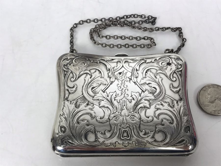 JUST ADDED - Vintage Chased Sterling Silver Wallet Compact With Chain 111g [Photo 5]