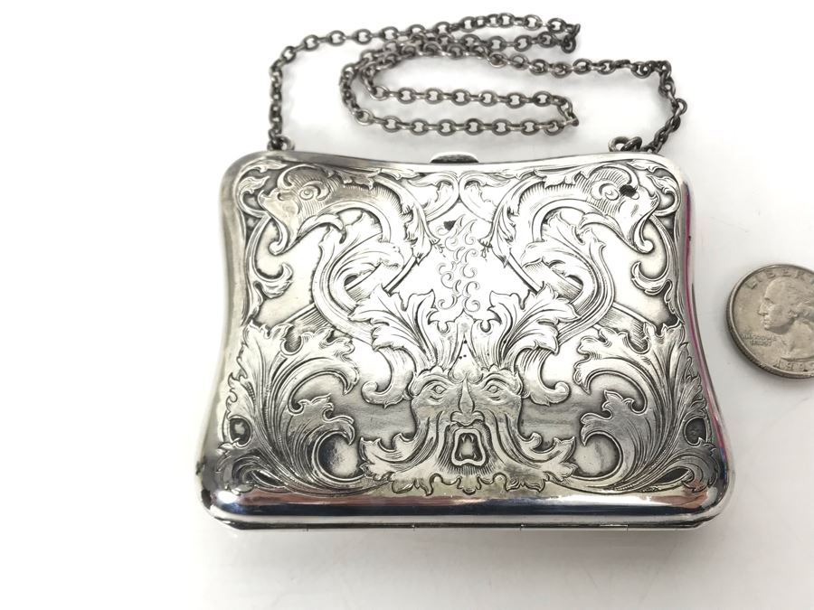 JUST ADDED - Vintage Chased Sterling Silver Wallet Compact With Chain 111g [Photo 4]