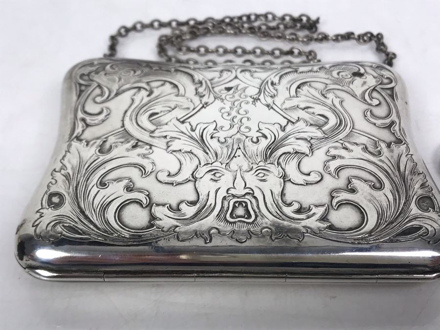 JUST ADDED - Vintage Chased Sterling Silver Wallet Compact With Chain 111g [Photo 7]