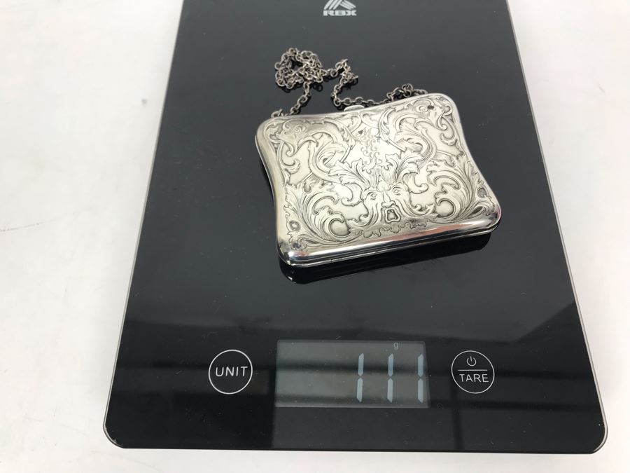 JUST ADDED - Vintage Chased Sterling Silver Wallet Compact With Chain 111g [Photo 15]