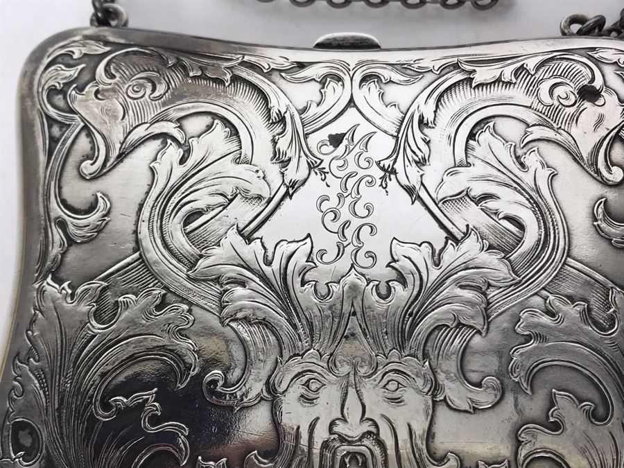 JUST ADDED - Vintage Chased Sterling Silver Wallet Compact With Chain 111g [Photo 9]