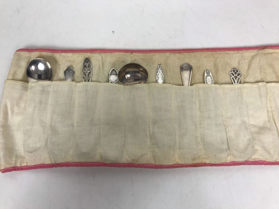 JUST ADDED - (9) Sterling Silver Mainly English Flatware Spoons And Fork With Vintage Teaspoons Storage Cloth 130g - See Photos [Photo 24]