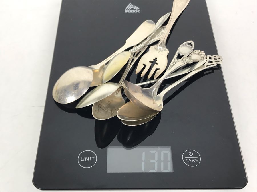 JUST ADDED - (9) Sterling Silver Mainly English Flatware Spoons And Fork With Vintage Teaspoons Storage Cloth 130g - See Photos [Photo 22]