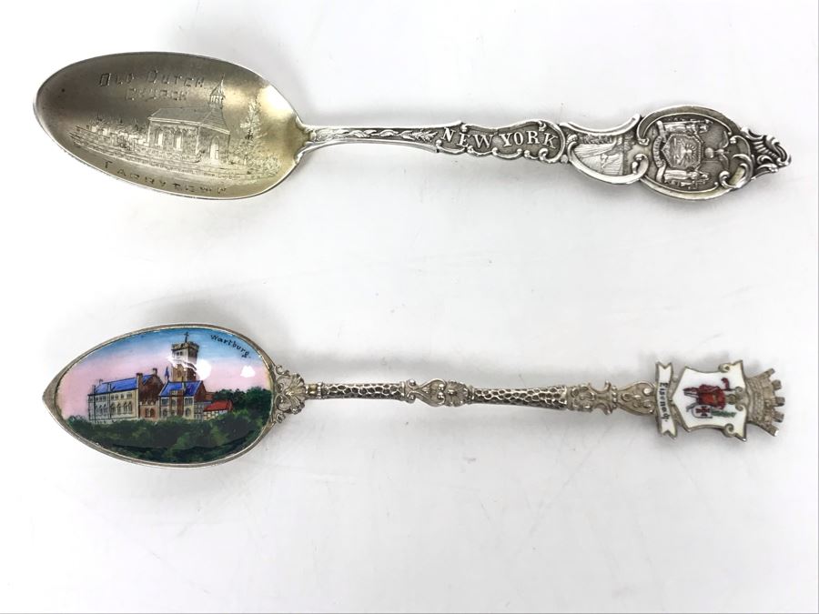 JUST ADDED - Eisenach Germany 800 Silver Tourist Spoon With Handpainted Wartburg Castle And Vintage Sterling Silver New York Tourist Spoon Old Dutch Church Tarrytown 30g [Photo 1]
