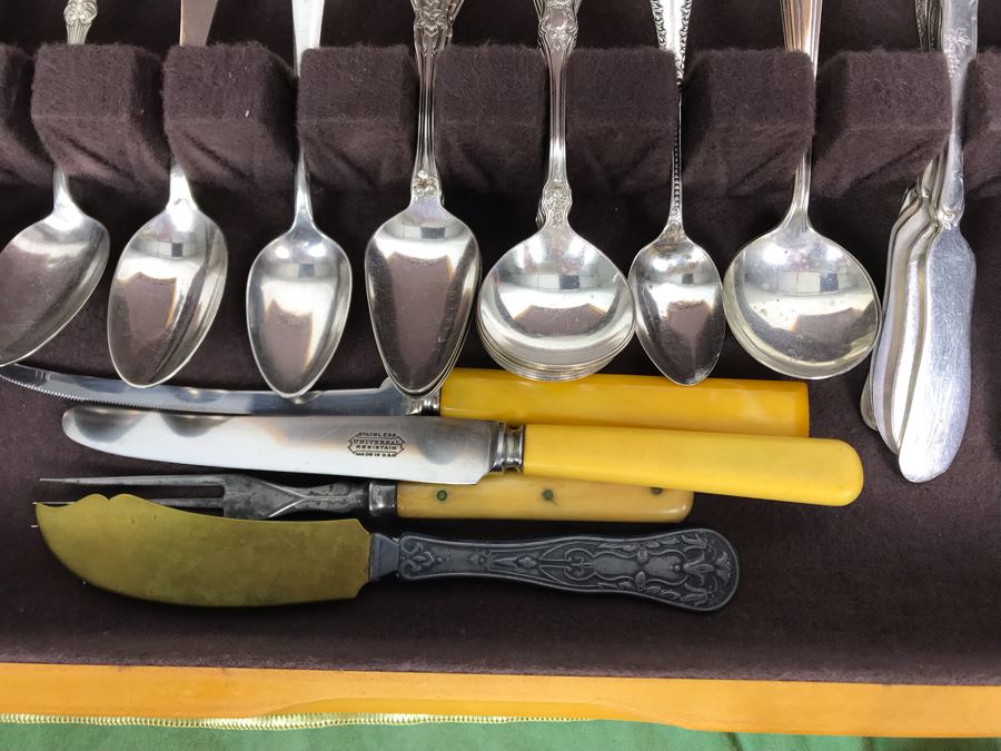 JUST ADDED - Huge Lot Of Silverplated Serving Pieces And Flatware With Wooden Silverware Storage Box - See Photos [Photo 14]