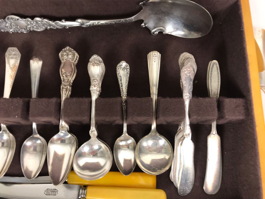 JUST ADDED - Huge Lot Of Silverplated Serving Pieces And Flatware With Wooden Silverware Storage Box - See Photos [Photo 13]