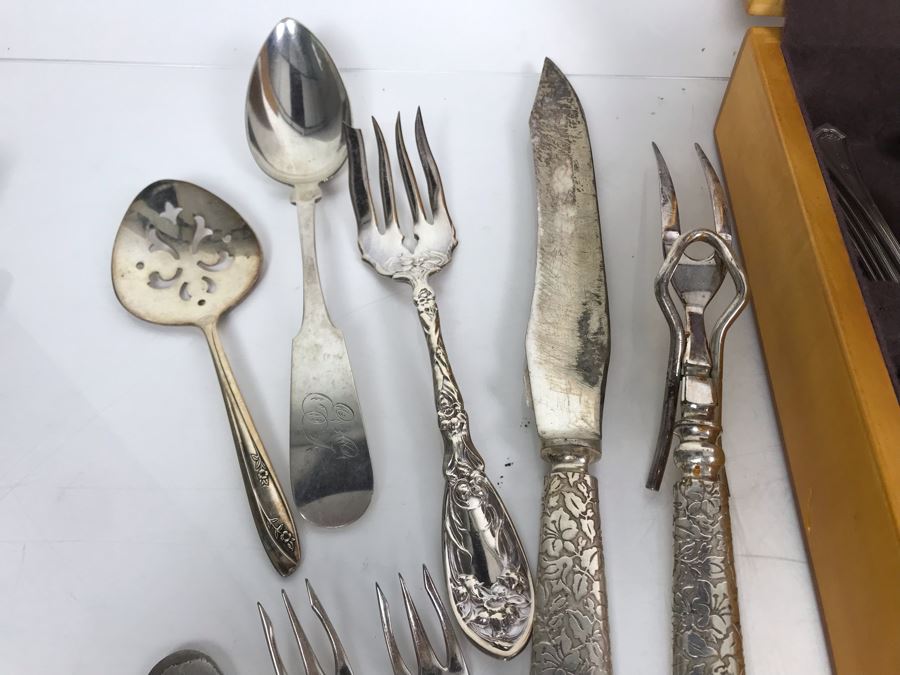 JUST ADDED - Huge Lot Of Silverplated Serving Pieces And Flatware With Wooden Silverware Storage Box - See Photos [Photo 19]