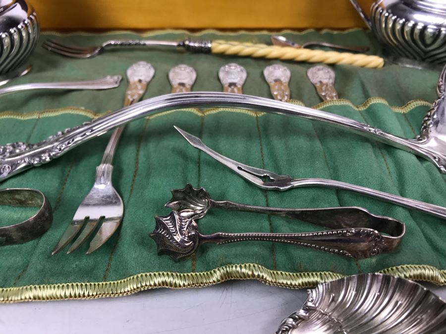 JUST ADDED - Huge Lot Of Silverplated Serving Pieces And Flatware With Wooden Silverware Storage Box - See Photos [Photo 6]