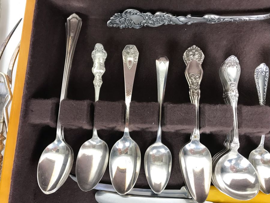 JUST ADDED - Huge Lot Of Silverplated Serving Pieces And Flatware With Wooden Silverware Storage Box - See Photos [Photo 12]
