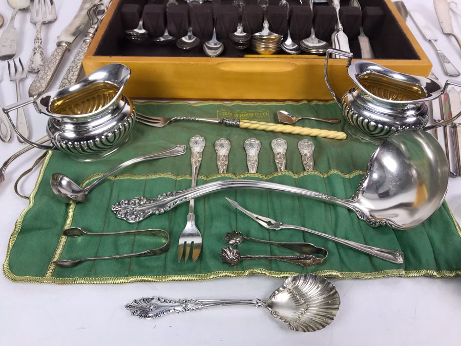 JUST ADDED - Huge Lot Of Silverplated Serving Pieces And Flatware With Wooden Silverware Storage Box - See Photos [Photo 5]