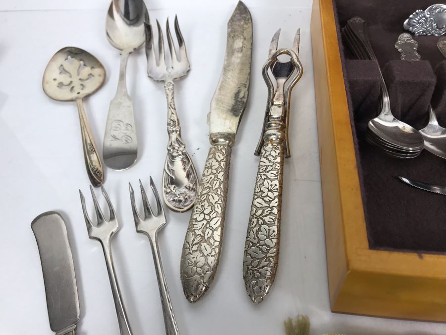 JUST ADDED - Huge Lot Of Silverplated Serving Pieces And Flatware With Wooden Silverware Storage Box - See Photos [Photo 22]