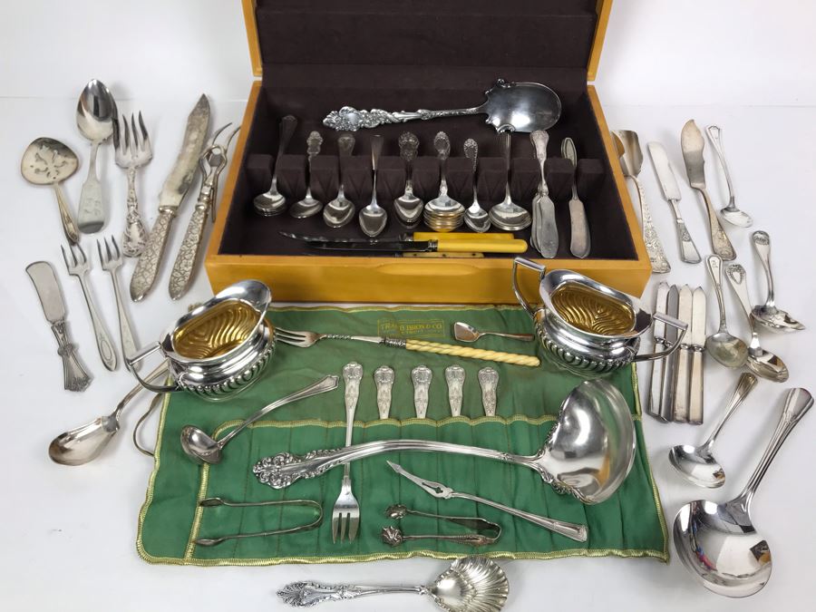 JUST ADDED - Huge Lot Of Silverplated Serving Pieces And Flatware With Wooden Silverware Storage Box - See Photos [Photo 3]