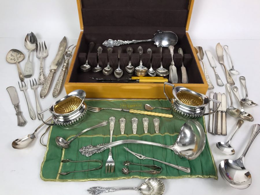 JUST ADDED - Huge Lot Of Silverplated Serving Pieces And Flatware With Wooden Silverware Storage Box - See Photos [Photo 2]