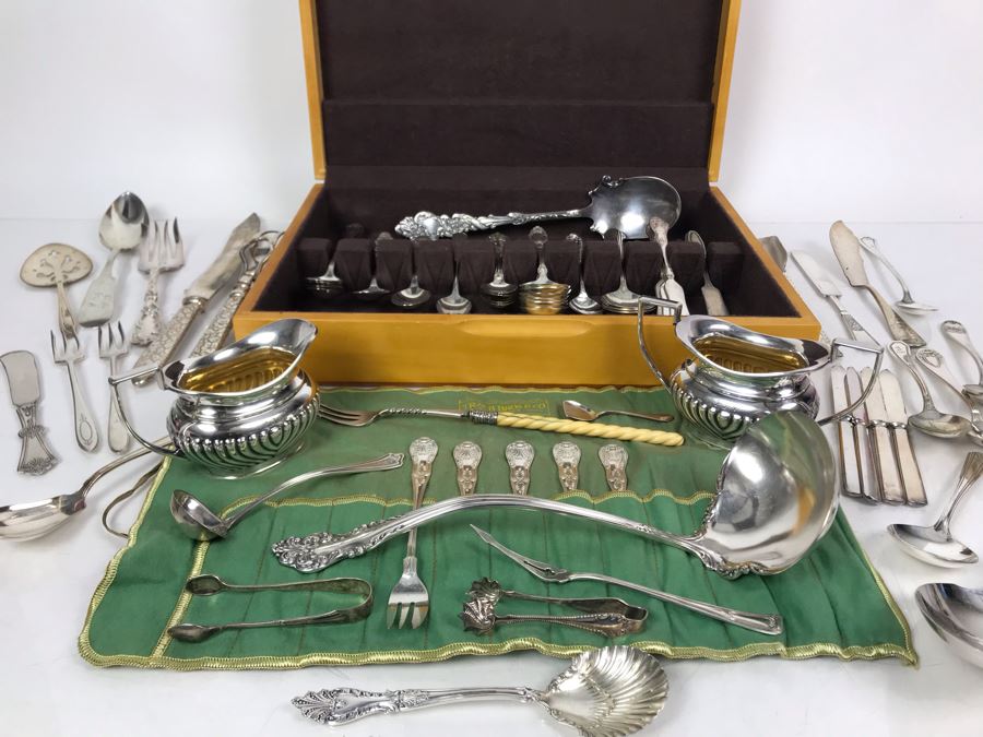 JUST ADDED - Huge Lot Of Silverplated Serving Pieces And Flatware With Wooden Silverware Storage Box - See Photos [Photo 4]