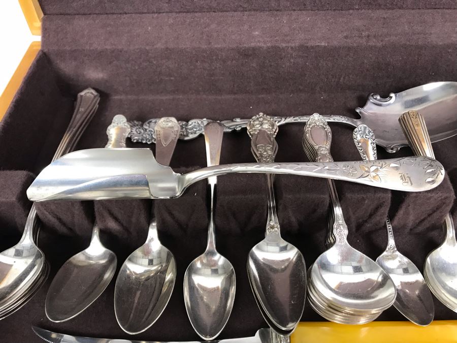 JUST ADDED - Huge Lot Of Silverplated Serving Pieces And Flatware With Wooden Silverware Storage Box - See Photos [Photo 25]