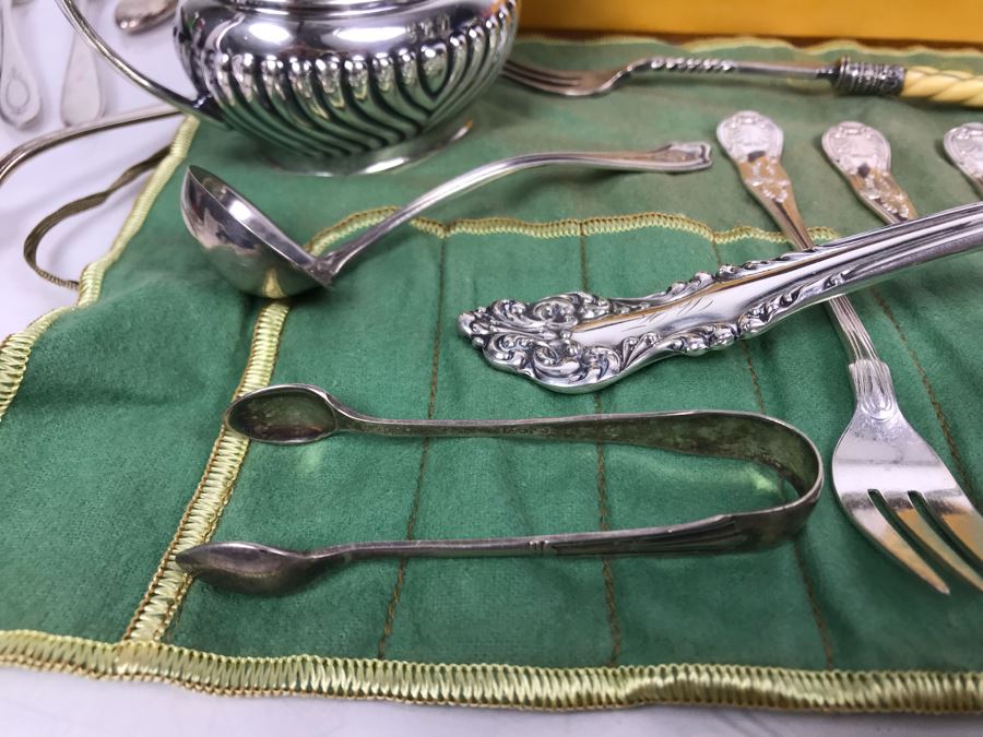 JUST ADDED - Huge Lot Of Silverplated Serving Pieces And Flatware With Wooden Silverware Storage Box - See Photos [Photo 7]