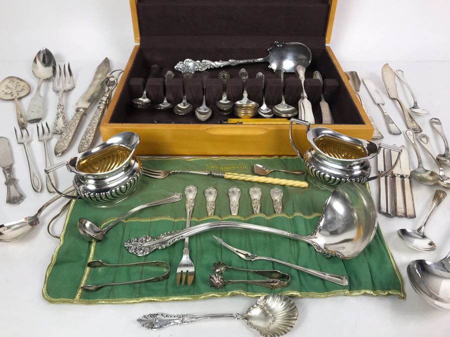 JUST ADDED - Huge Lot Of Silverplated Serving Pieces And Flatware With Wooden Silverware Storage Box - See Photos [Photo 1]