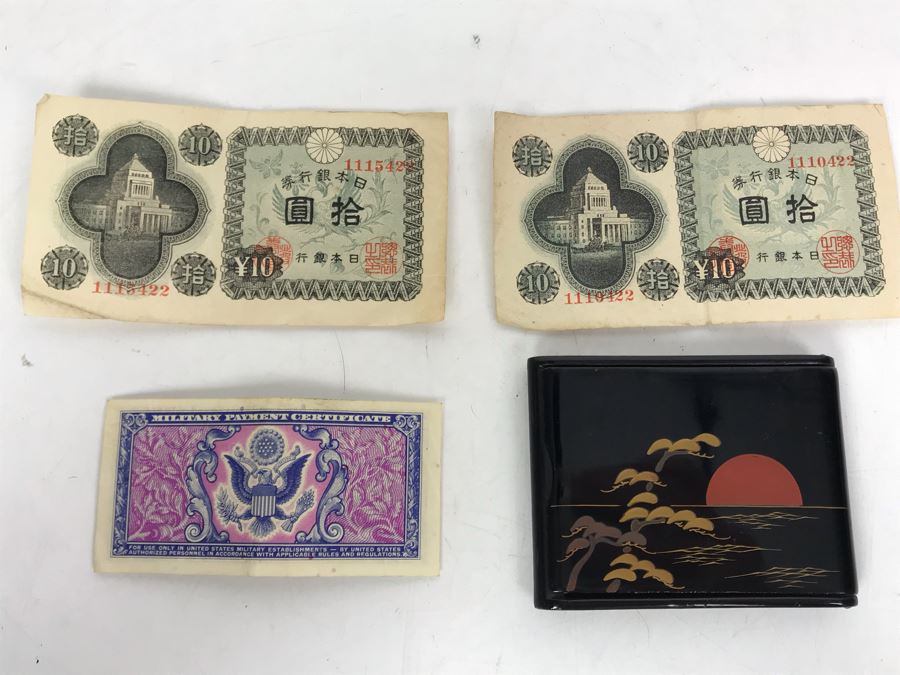 Five Cents Military Payment Certificate, Pair Of Japanese 10 Yen Nippon Currency Notes And Asian Wooden Lacquer Wallet
