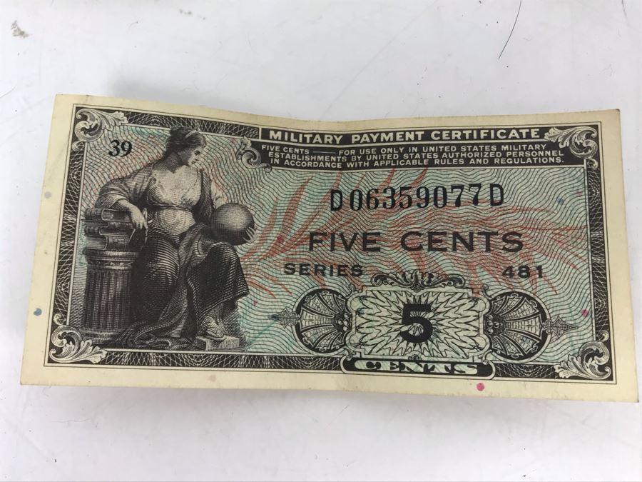 Five Cents Military Payment Certificate, Pair Of Japanese 10 Yen Nippon Currency Notes And Asian Wooden Lacquer Wallet [Photo 5]