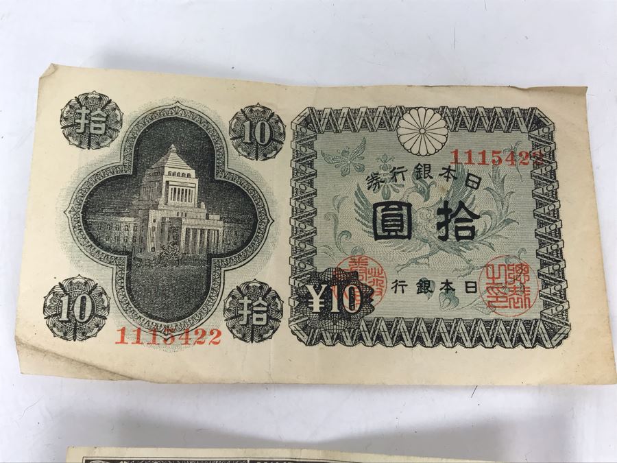 Five Cents Military Payment Certificate, Pair Of Japanese 10 Yen Nippon Currency Notes And Asian Wooden Lacquer Wallet [Photo 6]