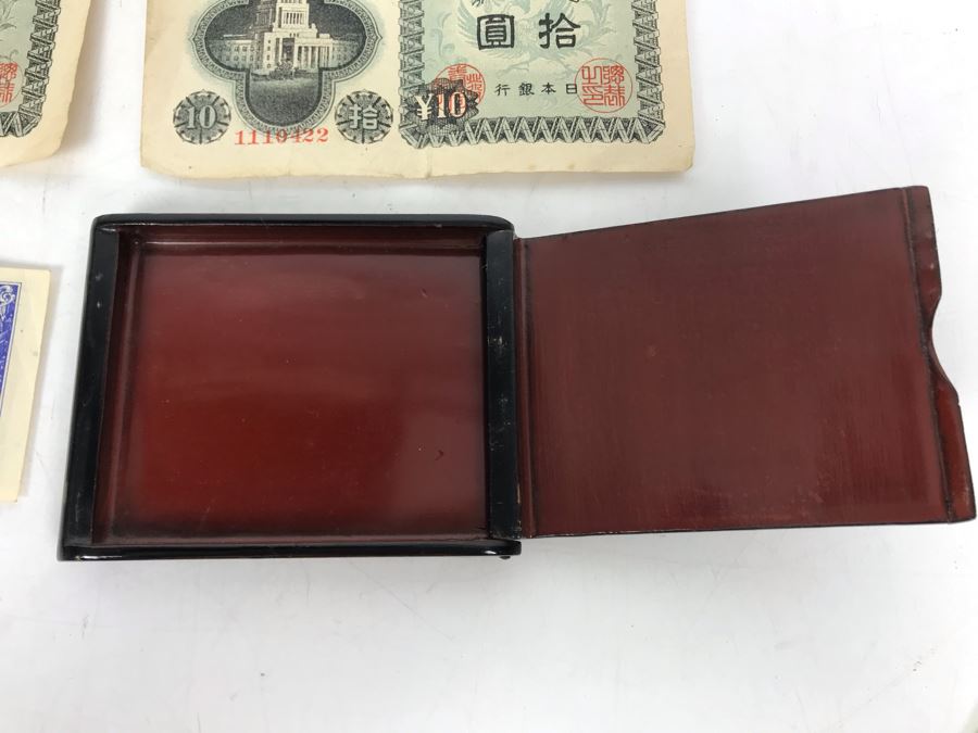 Five Cents Military Payment Certificate, Pair Of Japanese 10 Yen Nippon Currency Notes And Asian Wooden Lacquer Wallet [Photo 3]