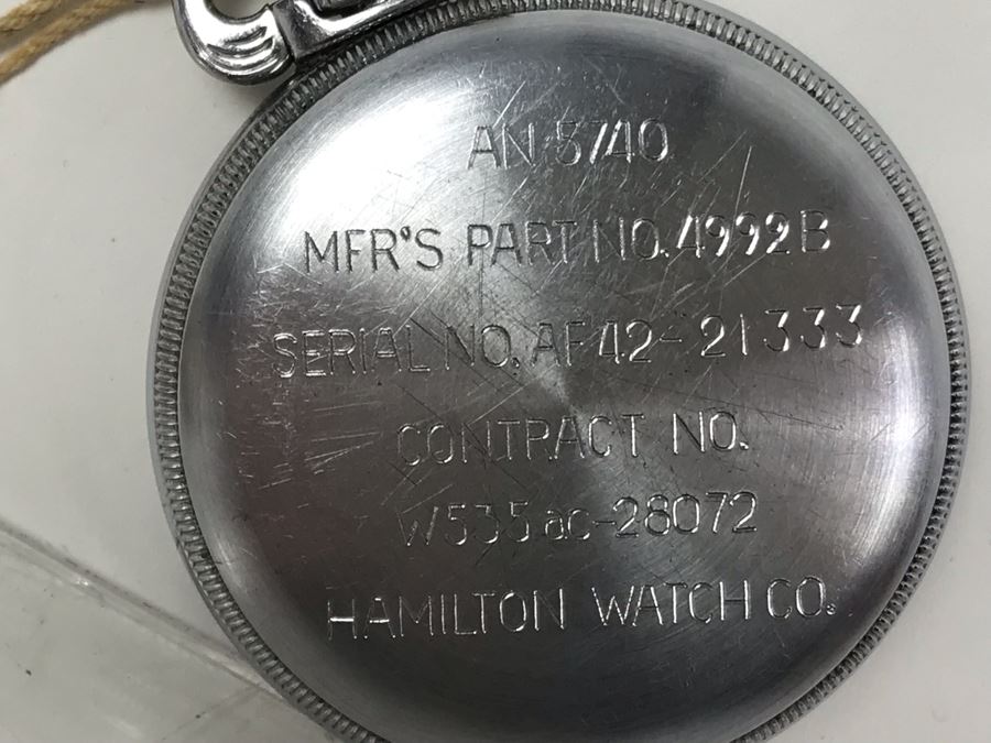 WWII Era Military Pocket Watch Hamilton Watch Co Black Dial AN 5740 Mfr’s Part No 4992B G.C.T. [Photo 6]