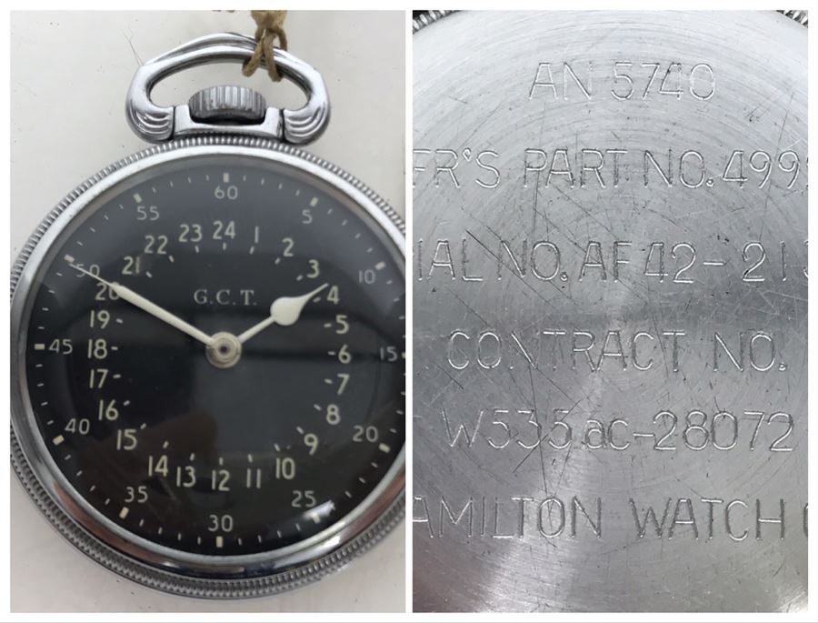WWII Era Military Pocket Watch Hamilton Watch Co Black Dial AN 5740 Mfr’s Part No 4992B G.C.T.